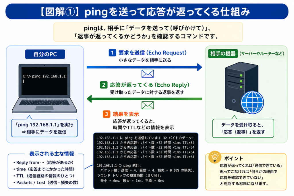 pingで自分のPCから相手の機器へ要求を送り、応答が返ってくる仕組みを示した図解。Echo RequestとEcho Replyの流れ、応答時間やTTL、パケット損失などping結果の見方を説明。