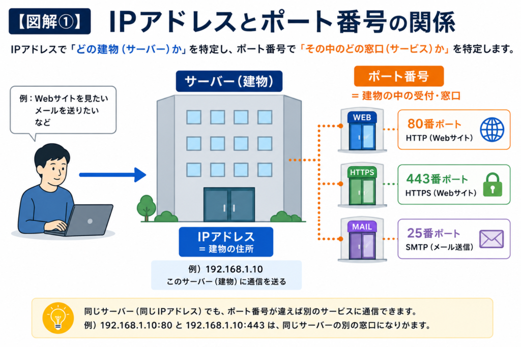 IPアドレスを建物の住所、ポート番号を建物内の窓口に例え、同じサーバーでも80番・443番・25番などのポート番号によって通信するサービスが異なることを示した図解。