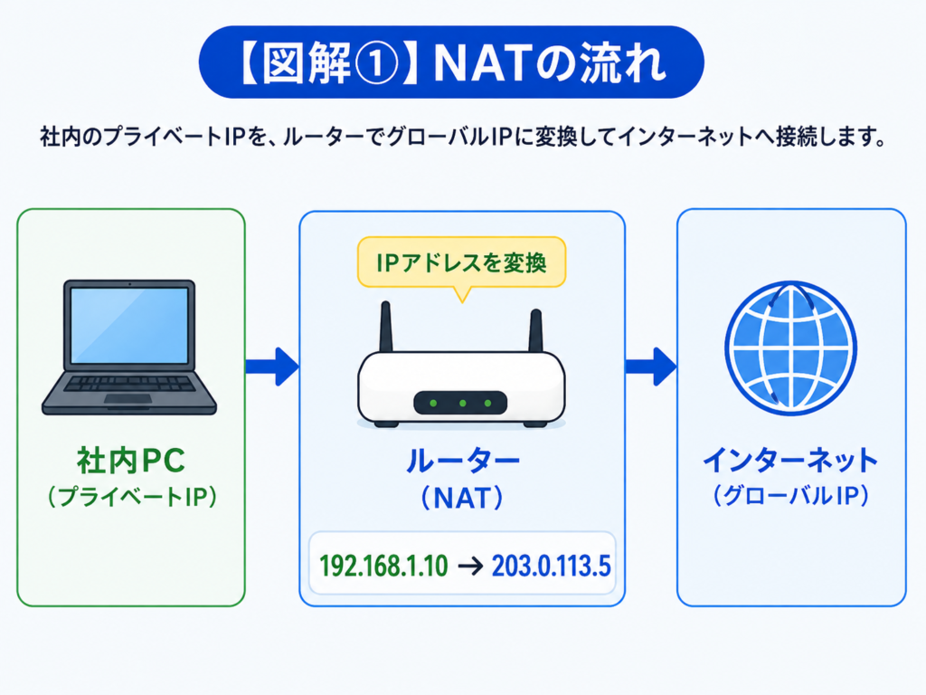 社内PCのプライベートIPアドレスがルーターのNATで変換され、インターネットへ接続する流れ