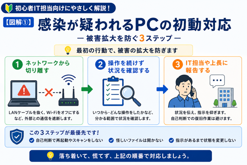 感染が疑われるPCをネットワークから切り離し、状況確認と報告へ進む初動対応の図