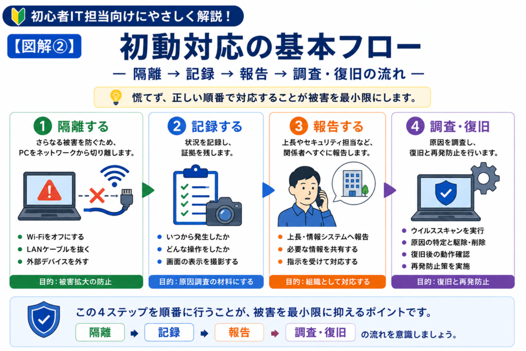 ウイルス感染が疑われたときの隔離・記録・報告・調査復旧の4段階の初動フロー