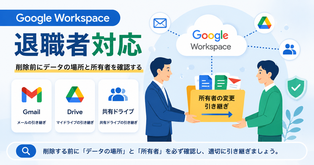 Google Workspace退職者対応でGmail・Drive・共有ドライブを引き継ぐイメージ